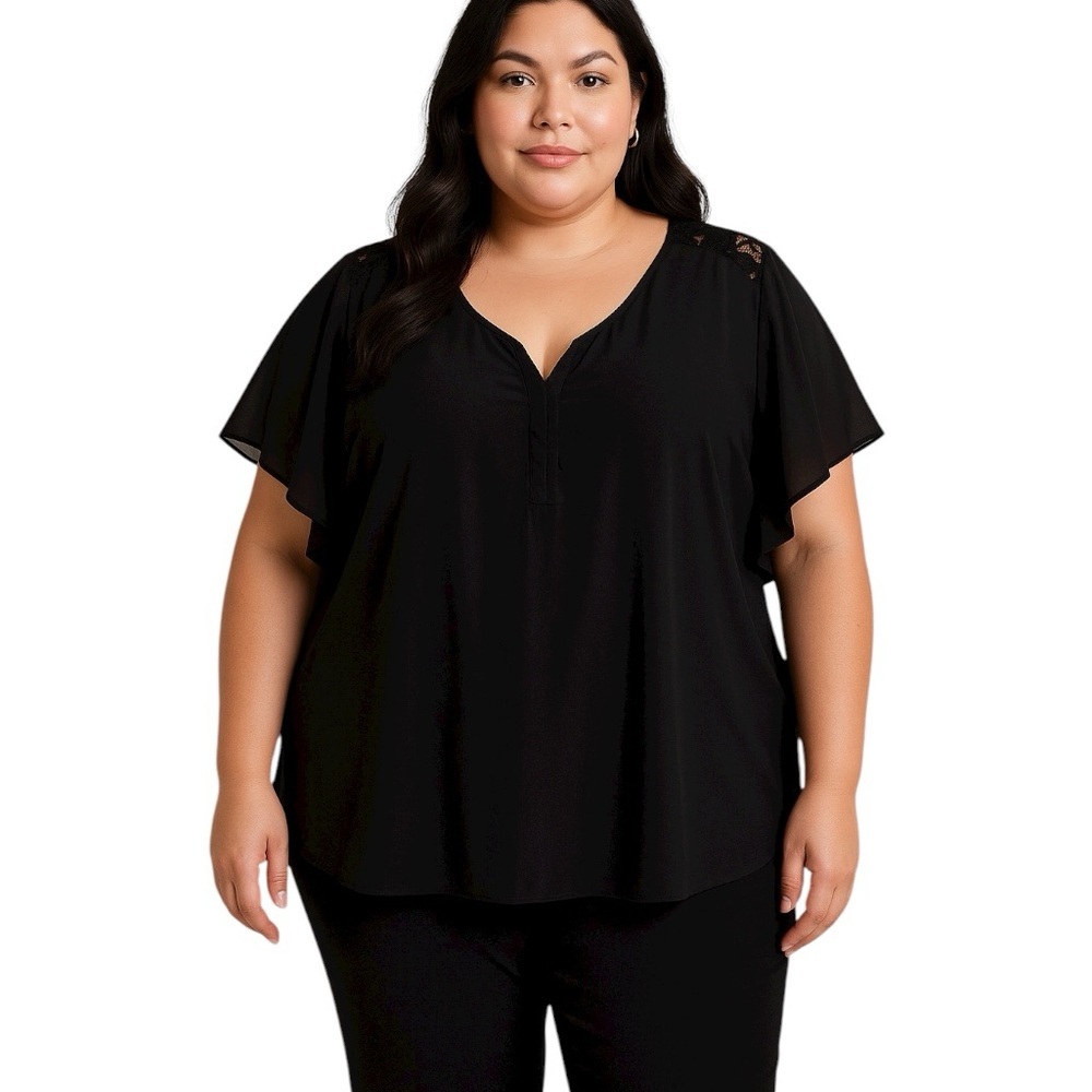 Torrid 6 (6X) Black Split V-neck Flutter Sleeve Crochet Blouse